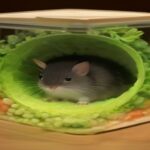 A colorful assortment of fresh vegetables, seeds, and foraging toys arranged neatly in a natural wooden enclosure for pet rodents