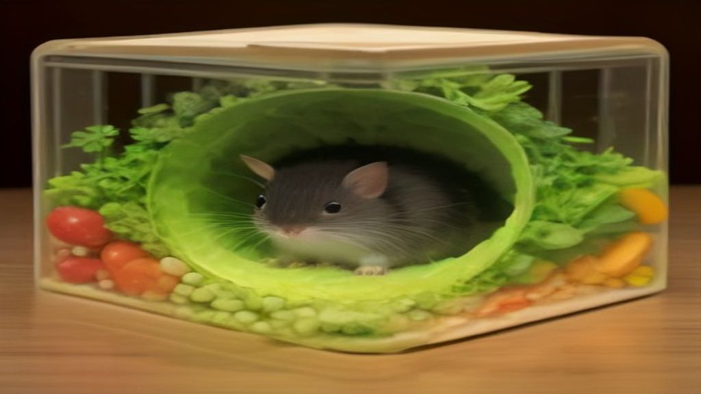 A colorful assortment of fresh vegetables, seeds, and foraging toys arranged neatly in a natural wooden enclosure for pet rodents
