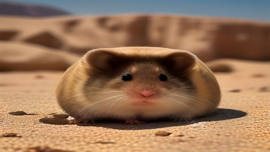 A close-up photograph of a Syrian hamster exploring a natural desert-like habitat with rocks and dry grass, highlighting its golden-brown coat and large cheek pouches.