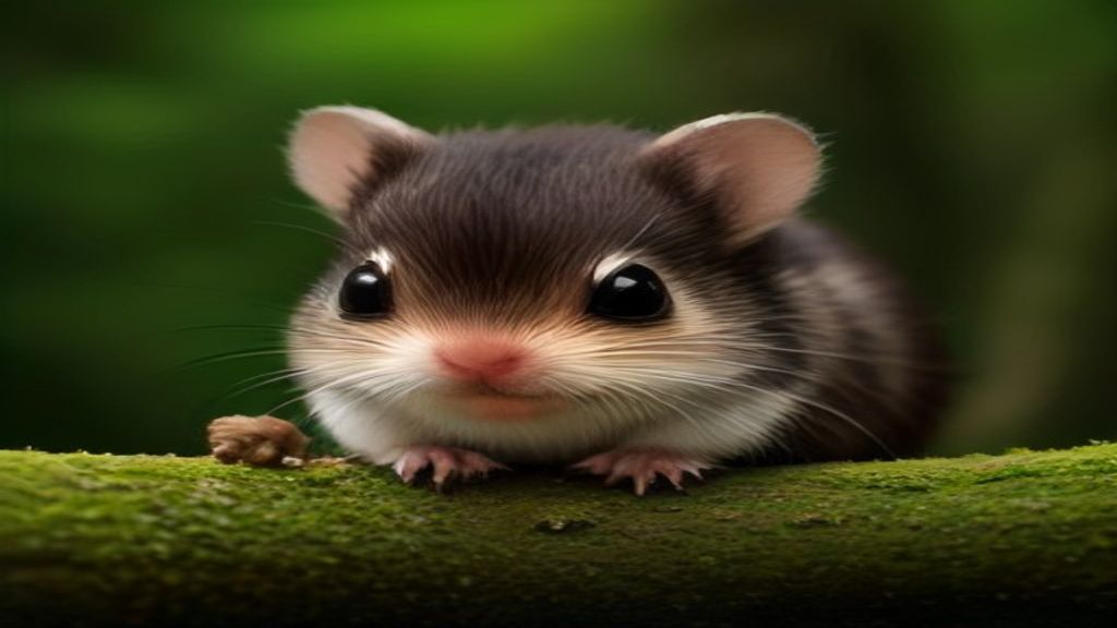 A close-up photograph of a tiny dwarf squirrel foraging on a mossy branch, highlighting its huge expressive eyes and diminutive paws.