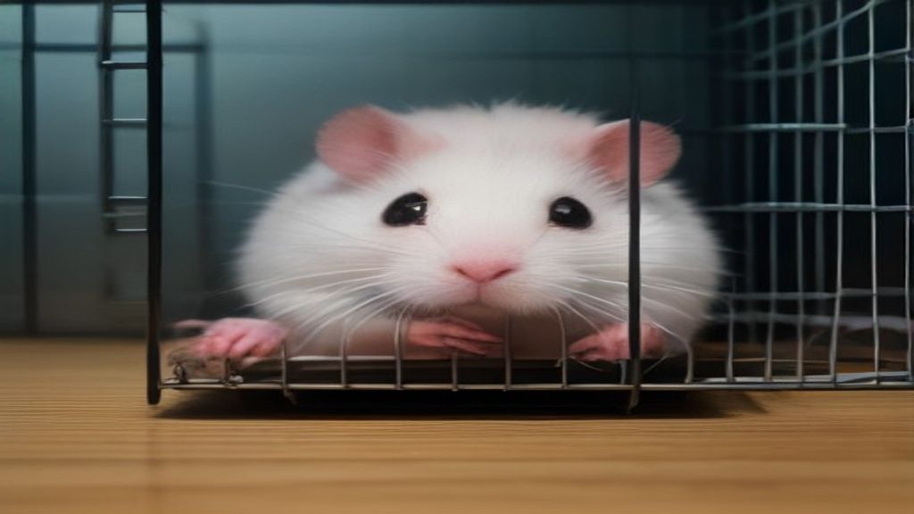 A close-up shot of a stressed pet rat showing pacing behavior inside a wire enclosure with enrichment toys scattered around.