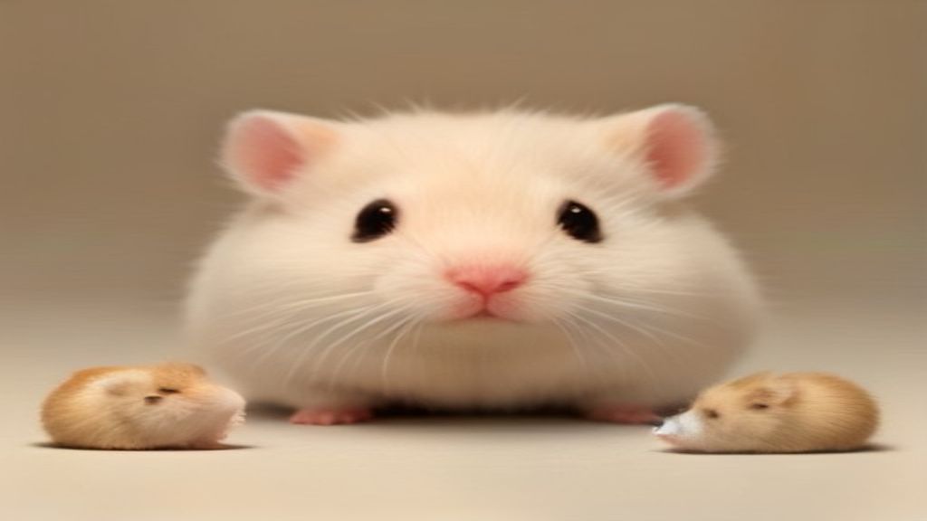 A close-up veterinary shot comparing the size and physical characteristics of a golden Syrian hamster next to a tiny Winter White dwarf hamster on a clean neutral background.