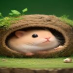 A comparative illustration showing a Syrian hamster curled up in a burrow vs a Dwarf hamster sitting alert in a naturalistic habitat, high detail, educational style