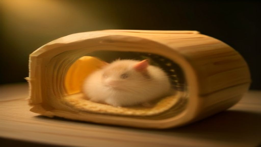 A fluffy golden Syrian hamster exploring a wooden tunnel in a naturalistic cage setup, macro photography, warm lighting