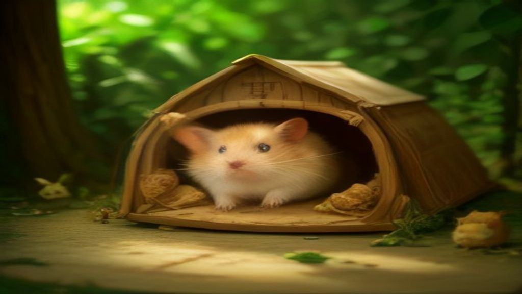 A golden Syrian hamster emerging from a large wooden burrow entrance surrounded by natural paper bedding and sprays