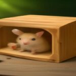 A golden Syrian hamster exploring a wooden maze enclosure with bedding and chew toys, photorealistic, natural lighting