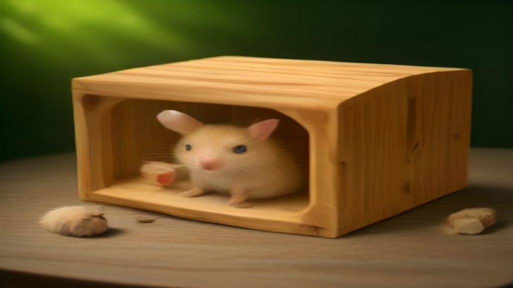 A golden Syrian hamster exploring a wooden maze enclosure with bedding and chew toys, photorealistic, natural lighting