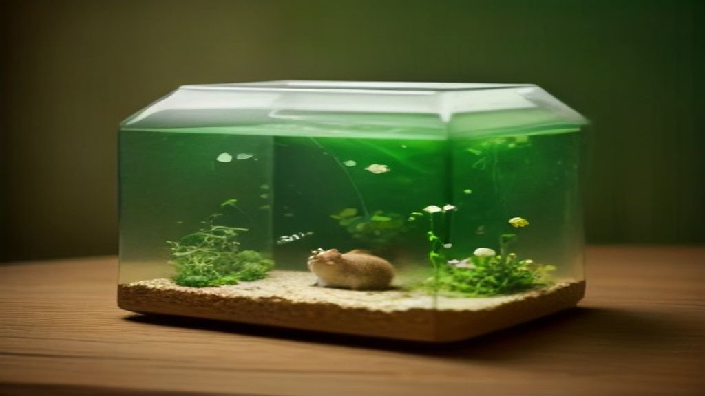 A healthy Syrian hamster exploring a natural wooden hideout inside a spacious, deep-bedding glass terrarium enclosure