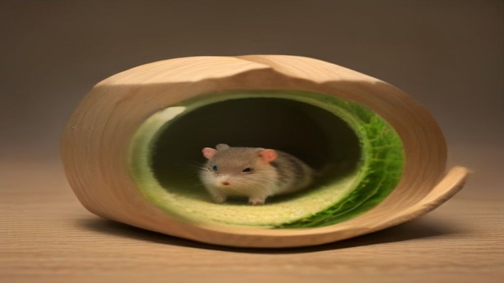 A modern naturalistic hamster enclosure with deep paper bedding, wooden tunnels, multi-chamber hideouts, and a large upright wheel, macro photography style