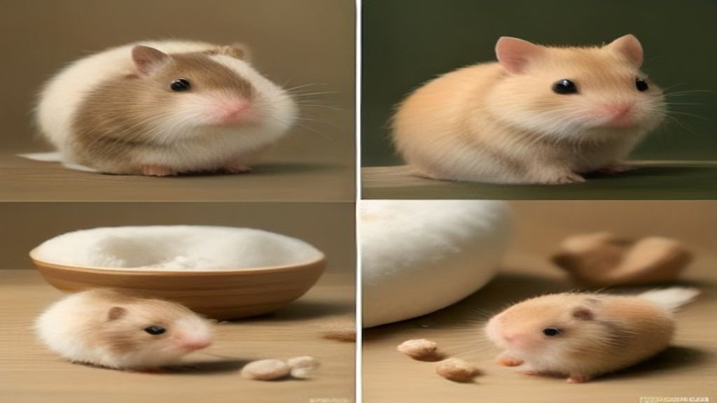 A side-by-side comparison of a larger Syrian hamster and a tiny dwarf hamster eating specialized seed mixes from ceramic bowls