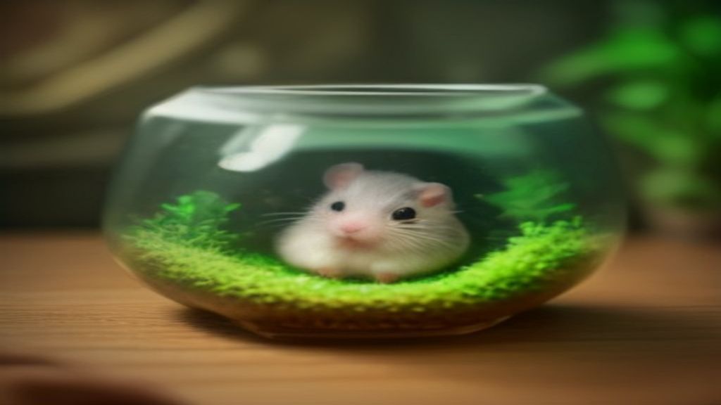 A tiny dwarf hamster peeking out from a pile of eco-friendly paper bedding inside a cozy glass terrarium setup.