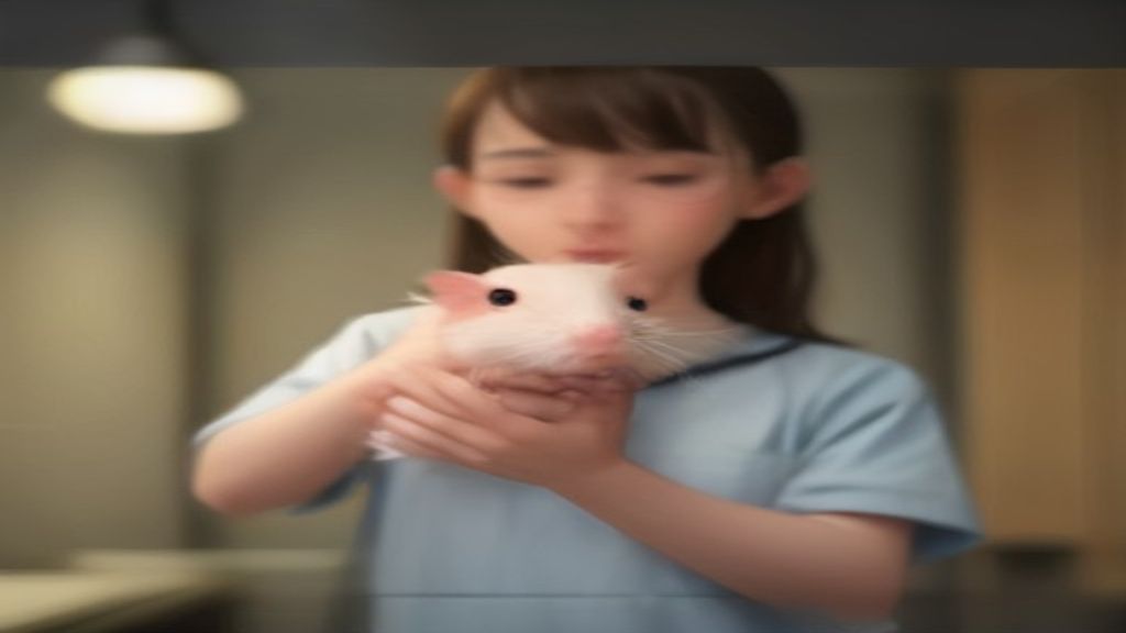 A veterinary specialist calmly holding a small, relaxed fancy rat in a brightly lit, sterile examination room, demonstrating gentle handling techniques.