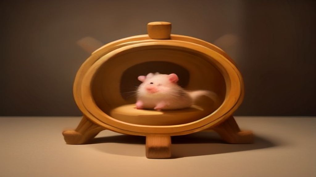 An elaborate multi-chamber wooden hamster maze and bedding setup showcasing a tiny dwarf hamster running on a saucer wheel.