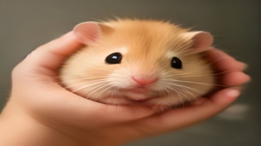 Close-up of a human hand gently holding a calm Syrian hamster, showing the proper way to interact with a pet rodent to minimize stress.