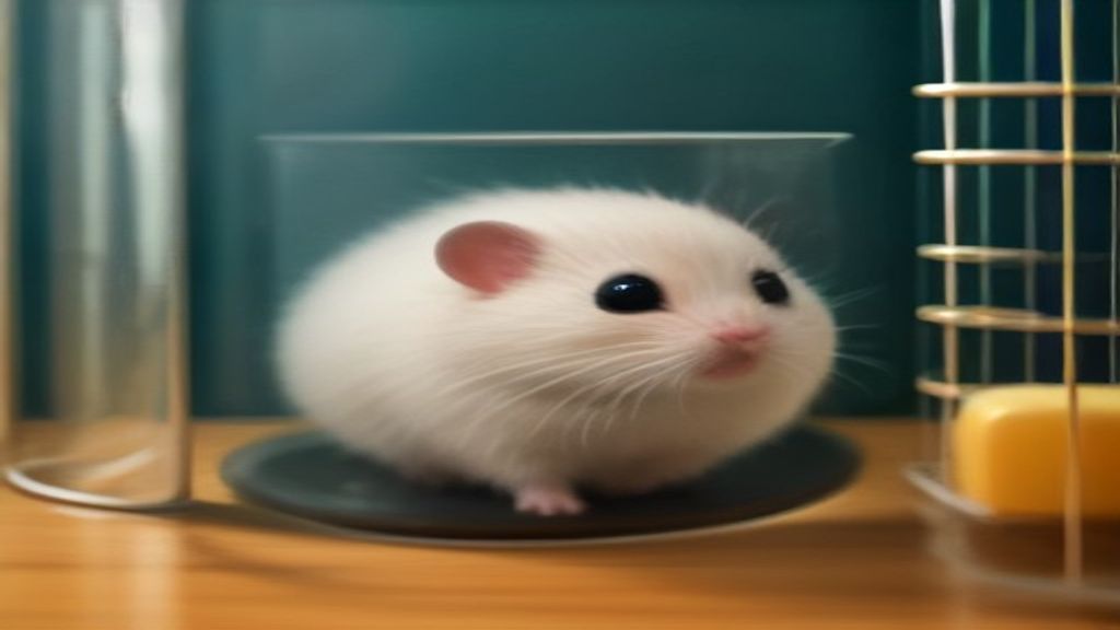 Close up of a thermometer in a hamster cage, displaying a healthy temperature range with a blurred background of a healthy dwarf hamster eating, professional photography