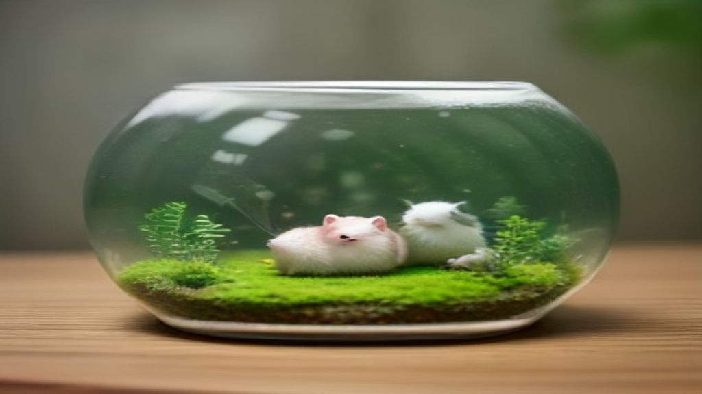 Two tiny Winter White dwarf hamsters interacting peacefully inside a glass terrarium with natural moss and aspen bedding