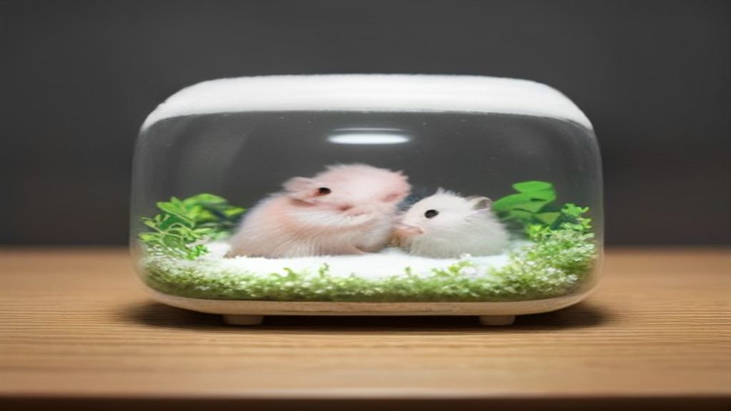 Two tiny Winter White dwarf hamsters nibbling on seeds together inside a clean glass enclosure with aspen bedding