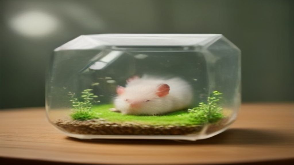 Two tiny Winter White dwarf hamsters peeking out of a natural wooden hideout in a spacious, deeply bedded glass terrarium.