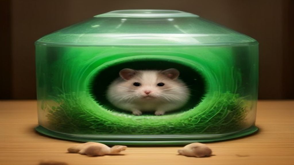 A comparison shot showing a large, fluffy Syrian hamster in a spacious cage next to a tiny, energetic Dwarf hamster in a separate enclosure with natural bedding