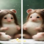 A comparison side-by-side of a large, long-haired Syrian hamster and a tiny, round Winter White Dwarf hamster in a clean, well-lit indoor environment.