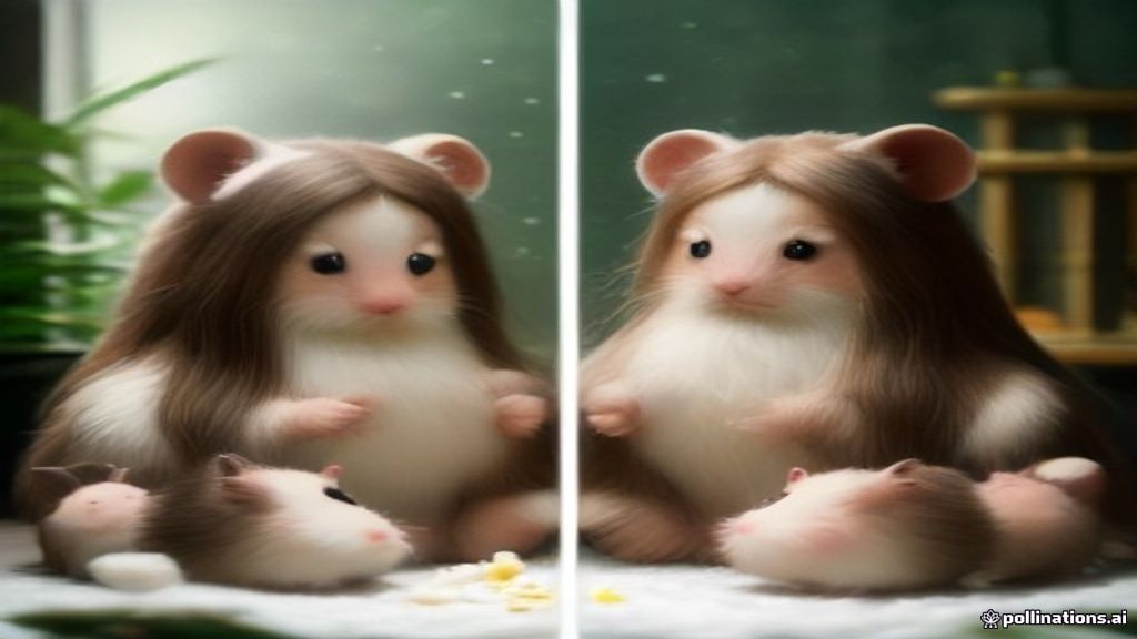 A comparison side-by-side of a large, long-haired Syrian hamster and a tiny, round Winter White Dwarf hamster in a clean, well-lit indoor environment.