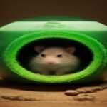 A high-quality close up of a hamster habitat showing a multi-chamber hide, deep bedding, and a large upright wheel, suitable for both species.