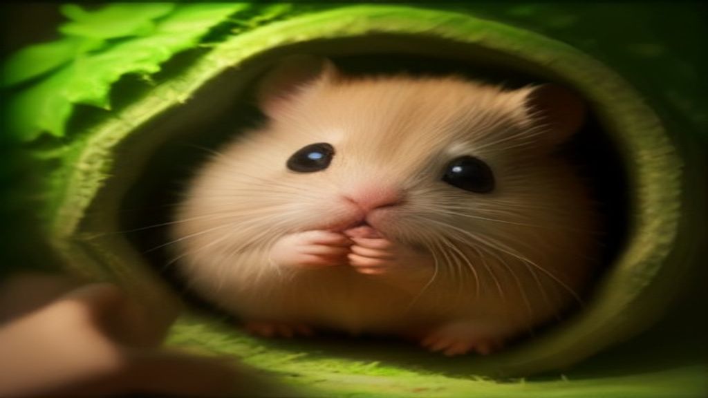 Close up of a human hand gently holding a calm Syrian hamster, contrasting with a fast-moving dwarf hamster exploring a maze tunnel
