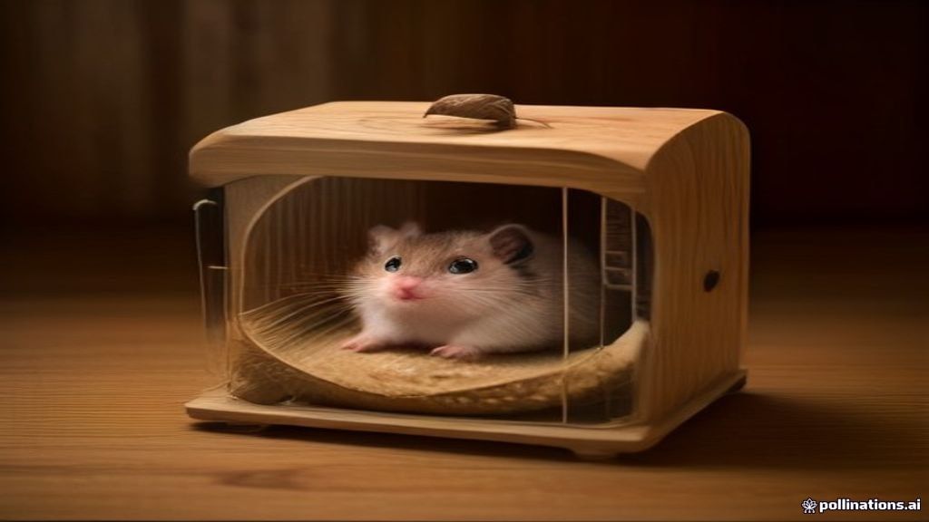 Detailed shot of a hamster cage interior showing deep burrowing substrate, wooden hides, and a silent running wheel