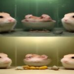 Side-by-side comparison of a larger Syrian hamster and a tiny Dwarf hamster in a clean, professional pet enclosure setting