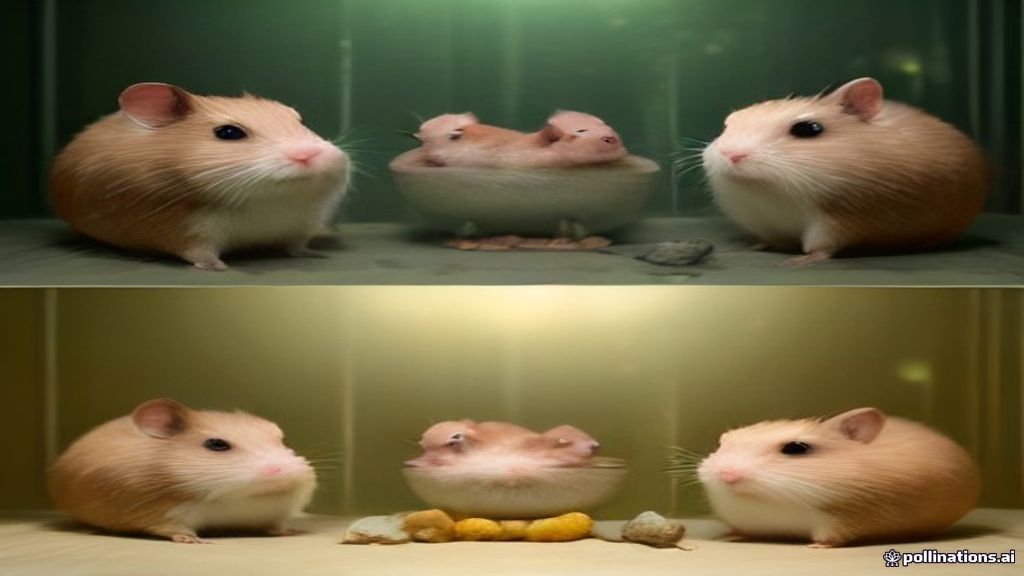Side-by-side comparison of a larger Syrian hamster and a tiny Dwarf hamster in a clean, professional pet enclosure setting