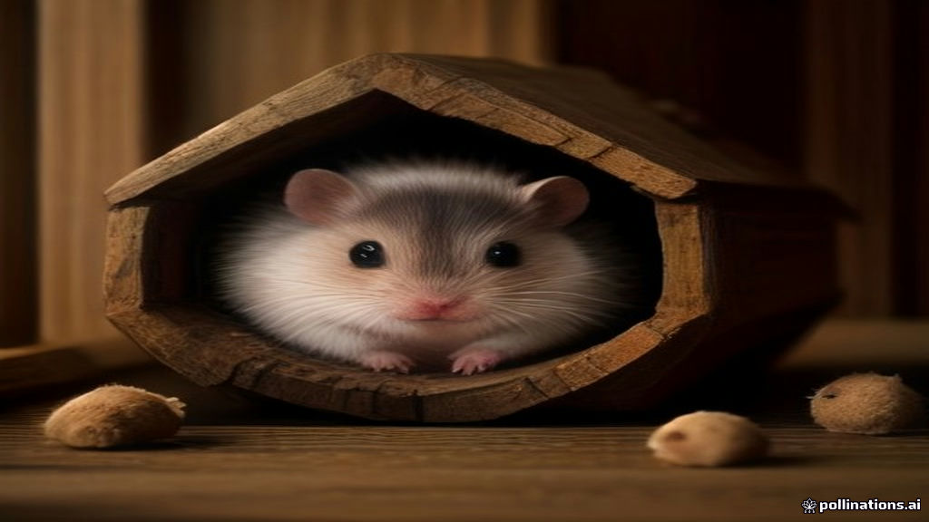 A close-up shot of an African pygmy hedgehog waking up from sleep inside a dark, cozy wooden hideout, peering out with curious dark eyes.
