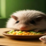 A cute African pygmy hedgehog exploring a clean tabletop next to a bowl of fresh, safe vegetables and insects, shot in sharp focus with warm, cozy lighting.