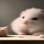 A veterinarian carefully examining a small winter white dwarf hamster on a soft examination table under warm lighting, demonstrating a routine health check.